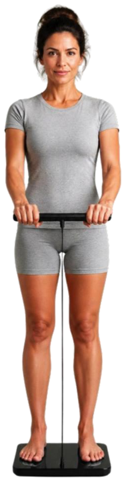 Woman standing on a body-composition scale, holding its handle